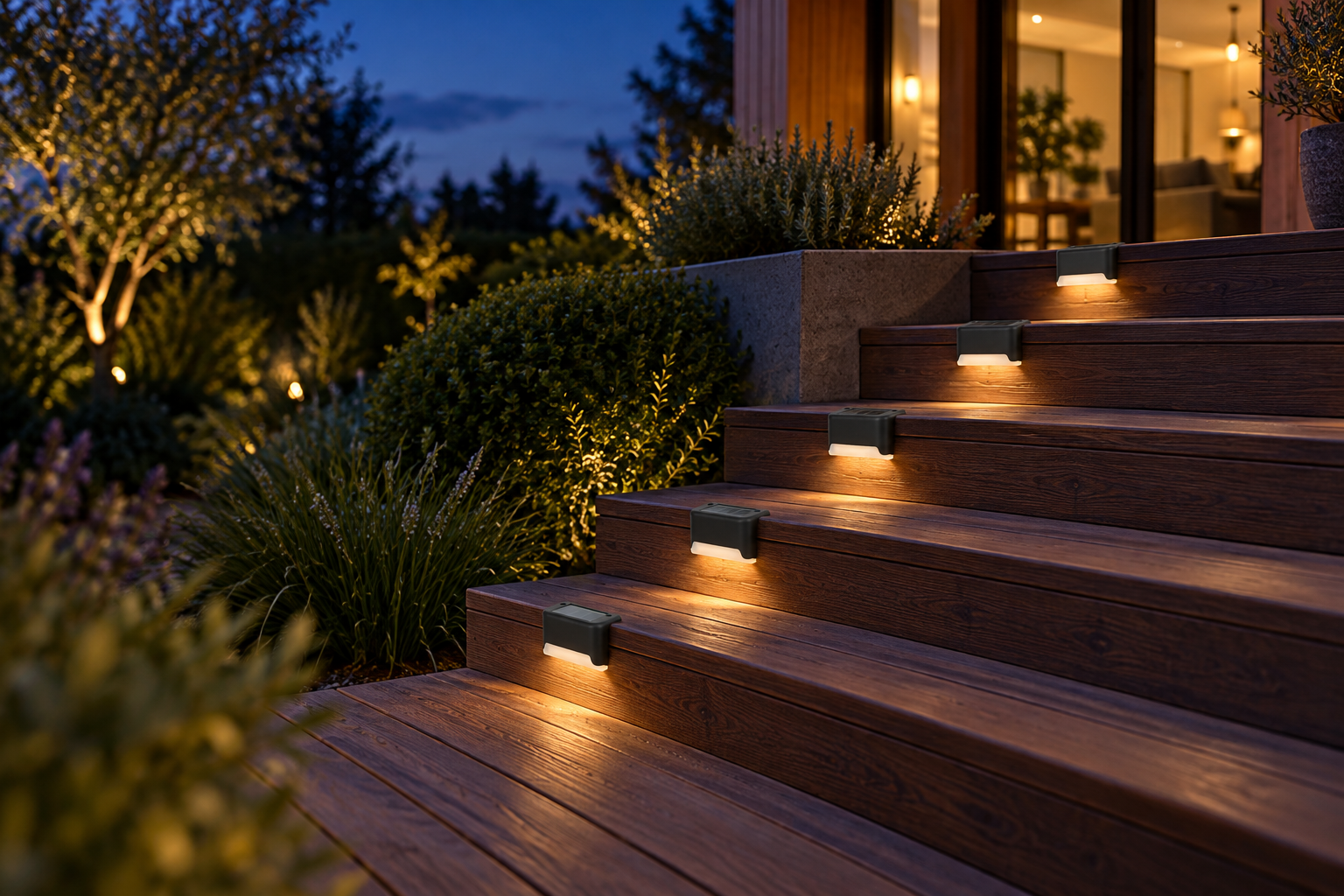 Conceptual garden deck with warm solar step lighting