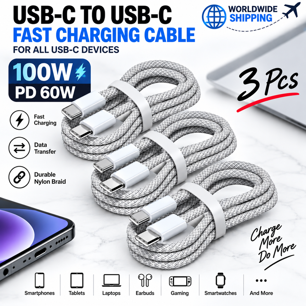 Three USB-C to USB-C braided fast charging cables with 100W charging and data transfer highlights