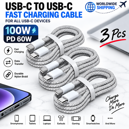 Three USB-C to USB-C braided fast charging cables with 100W charging and data transfer highlights
