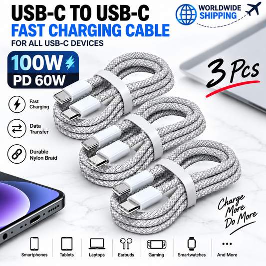 Three USB-C to USB-C braided fast charging cables with 100W charging and data transfer highlights