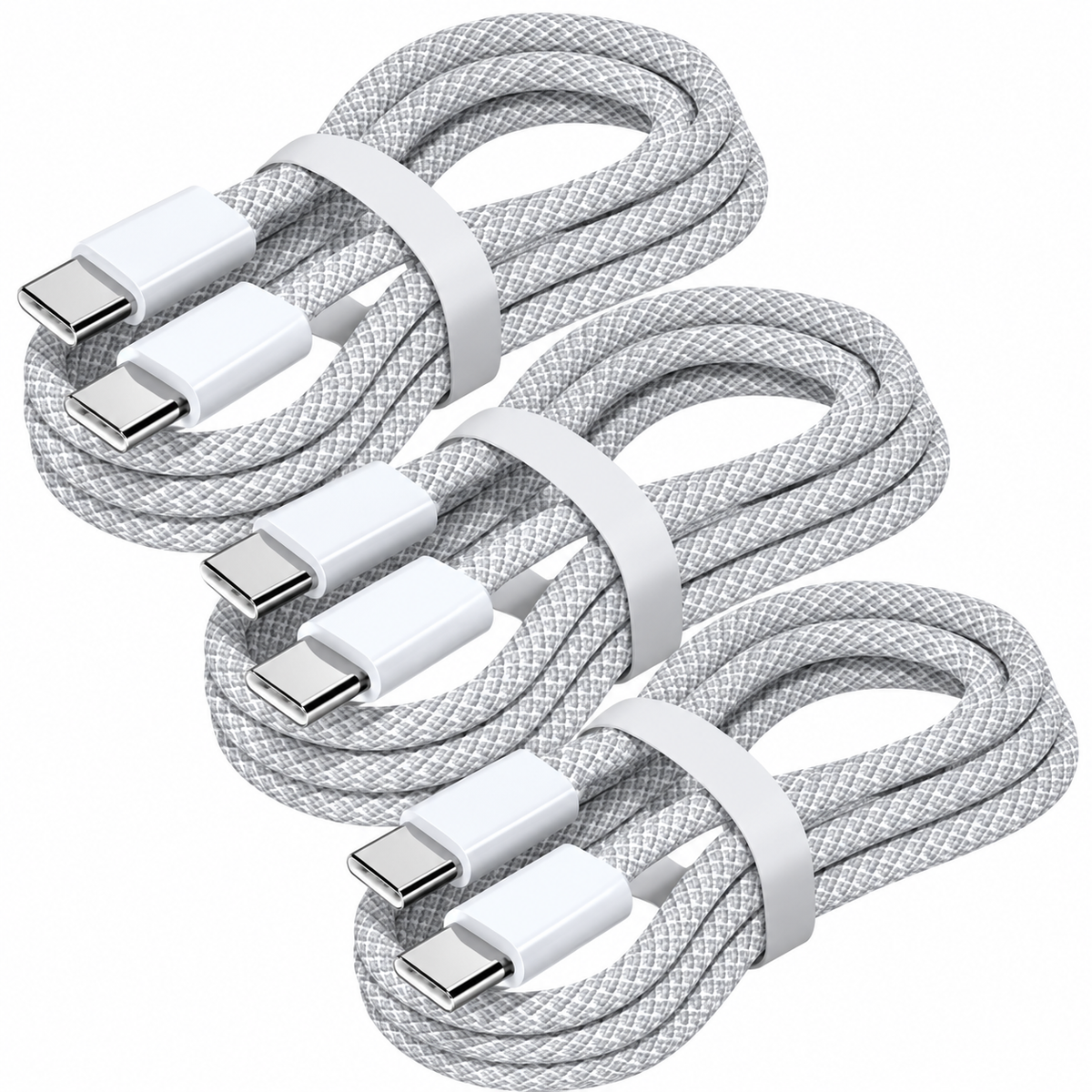 Three white braided USB-C to USB-C charging cables