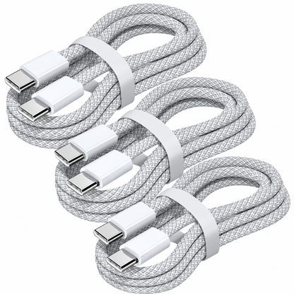 Three white braided USB-C to USB-C charging cables