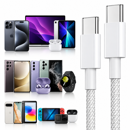 USB-C cable connectors shown with compatible USB-C phones tablets laptops earbuds game devices and watches