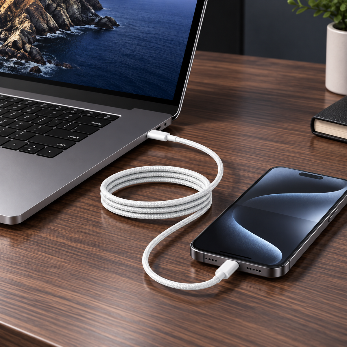 USB-C braided cable connecting a laptop and smartphone on a desk