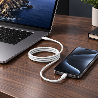 USB-C braided cable connecting a laptop and smartphone on a desk