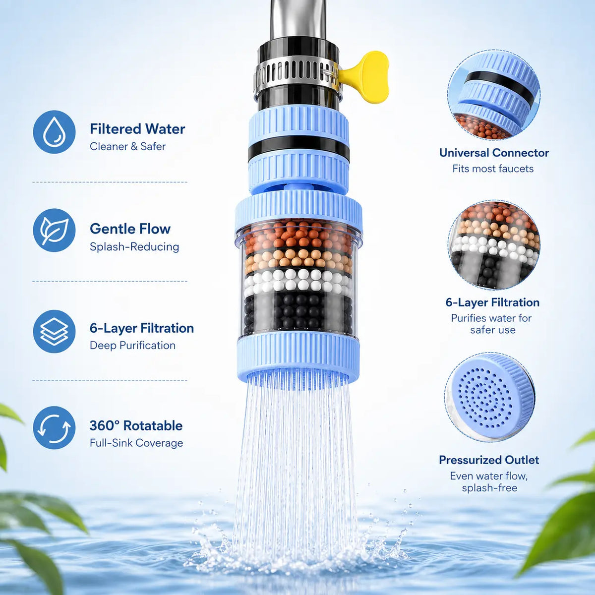 1 Count, 6 Layer Filtration Faucet Water Filter 360 Degrees Rotatable Splash Free, for Kitchen Sink Washing Fruits Vegetables and Dishes