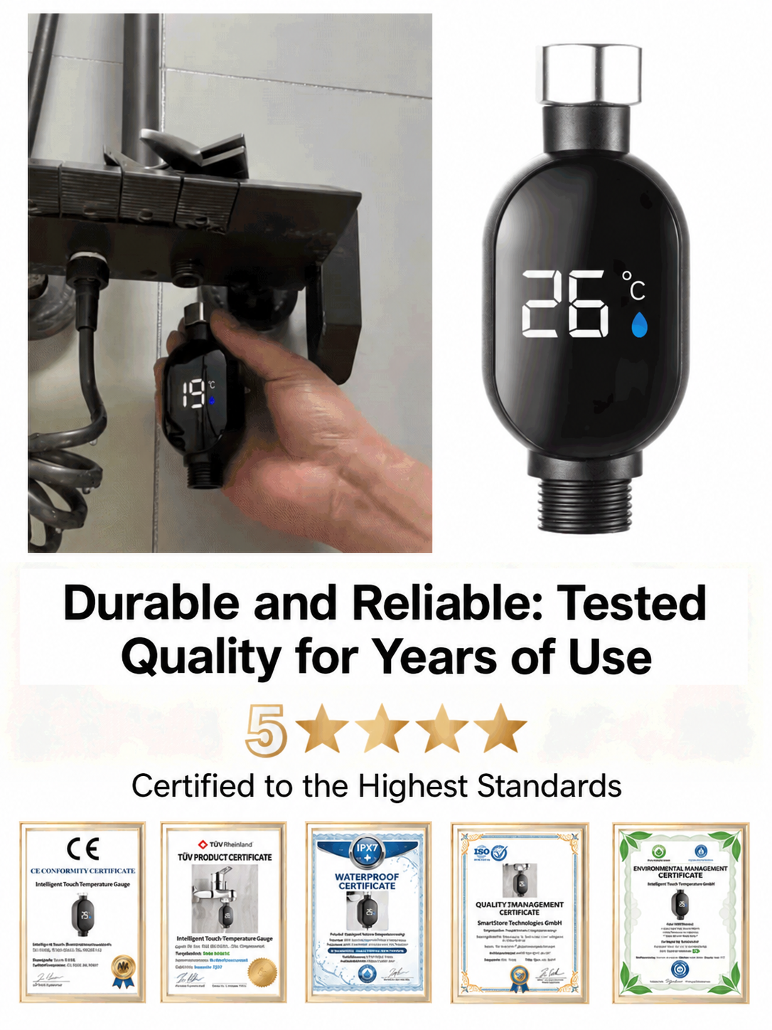 Simply install it on your shower head or faucet and enjoy warm water in just 3 seconds, with no electricity costs.