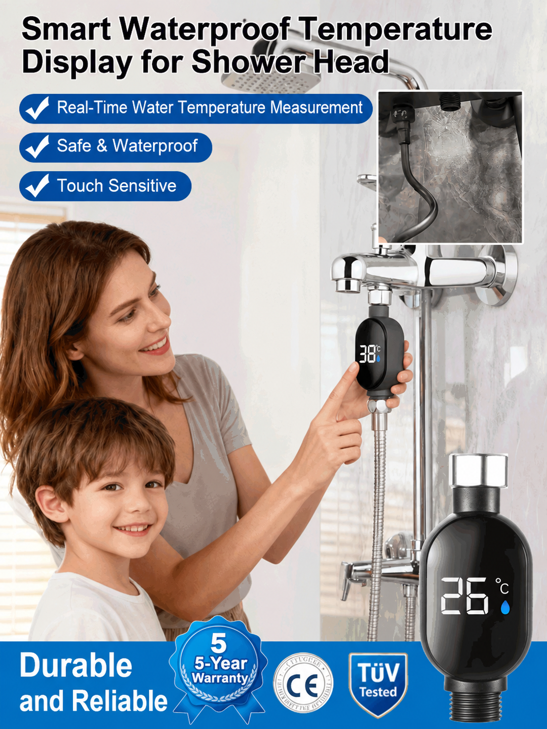 Simply install it on your shower head or faucet and enjoy warm water in just 3 seconds, with no electricity costs.