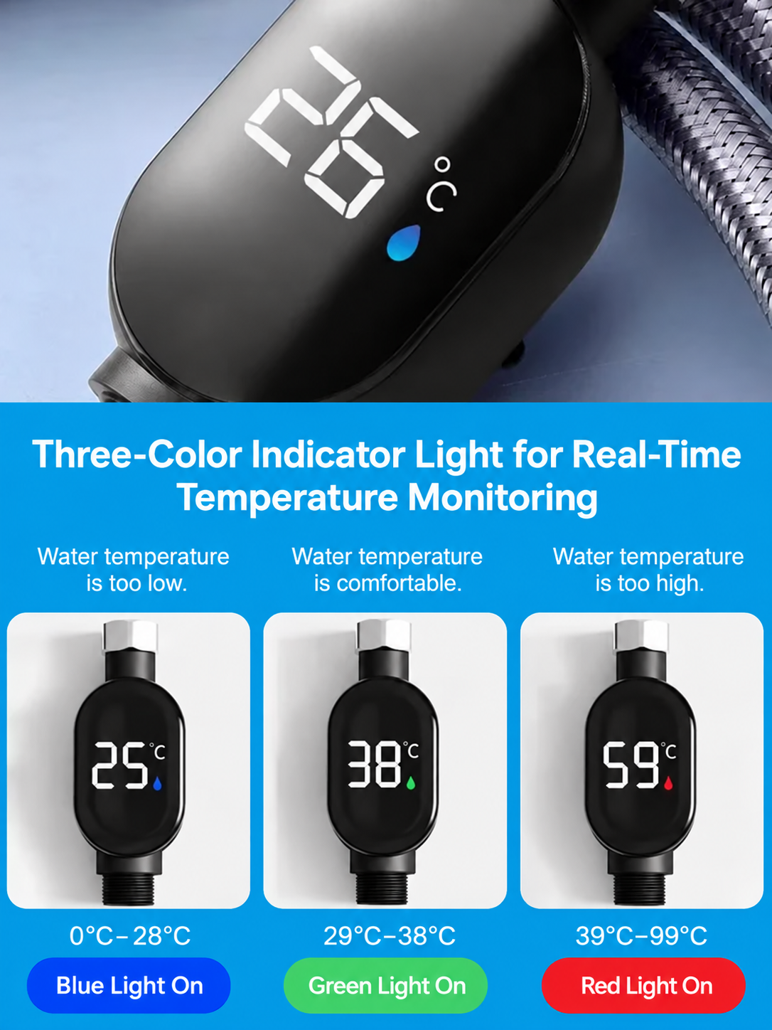 Simply install it on your shower head or faucet and enjoy warm water in just 3 seconds, with no electricity costs.