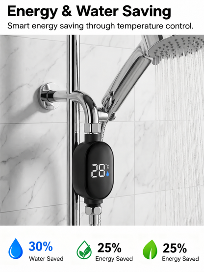 Simply install it on your shower head or faucet and enjoy warm water in just 3 seconds, with no electricity costs.