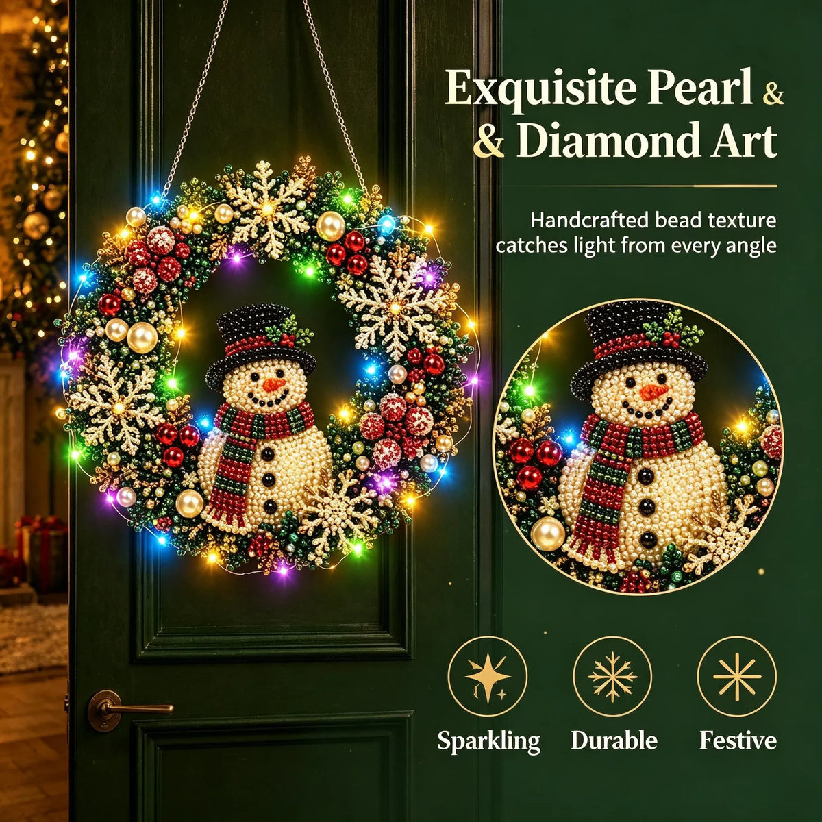 DIY Christmas LED Diamond Painting Wreath | Light-Catching Pearl Beaded Hanging Ornament Kit