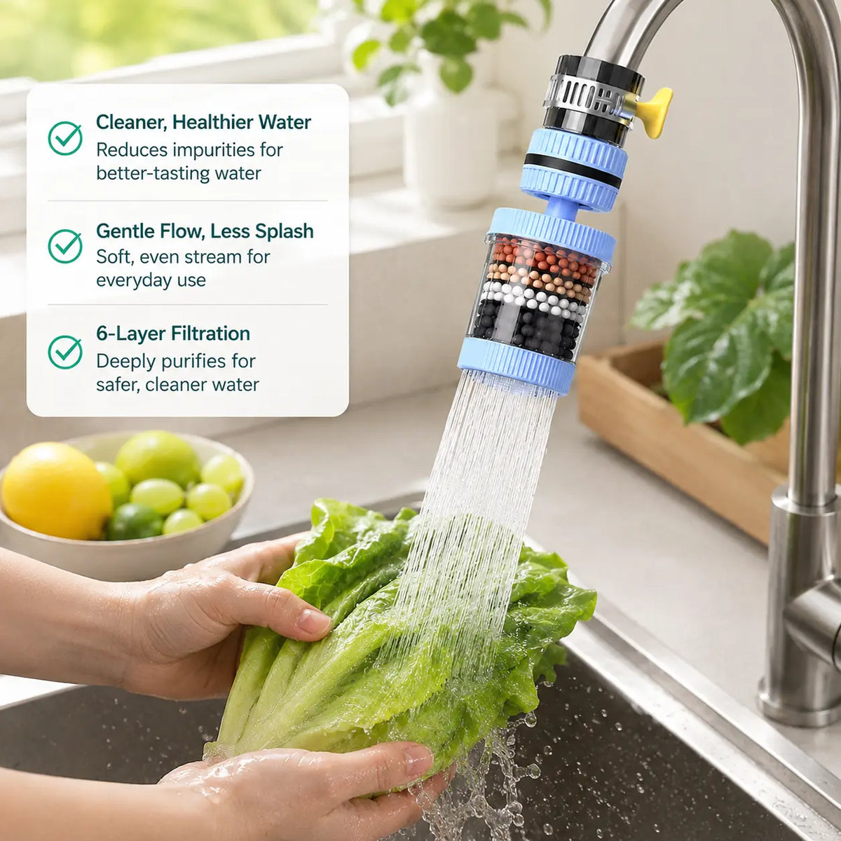 1 Count, 6 Layer Filtration Faucet Water Filter 360 Degrees Rotatable Splash Free, for Kitchen Sink Washing Fruits Vegetables and Dishes