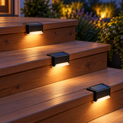 Styled illustration of solar lights on cedar steps