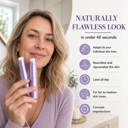 Woman holding the purple foundation stick and built-in brush