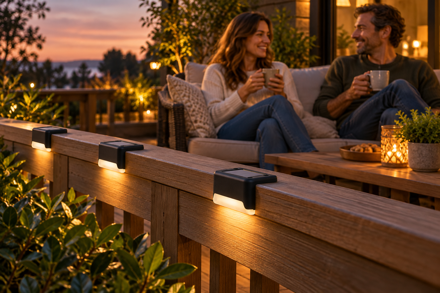 Illustrative scene of a couple enjoying a garden deck with solar rail lights