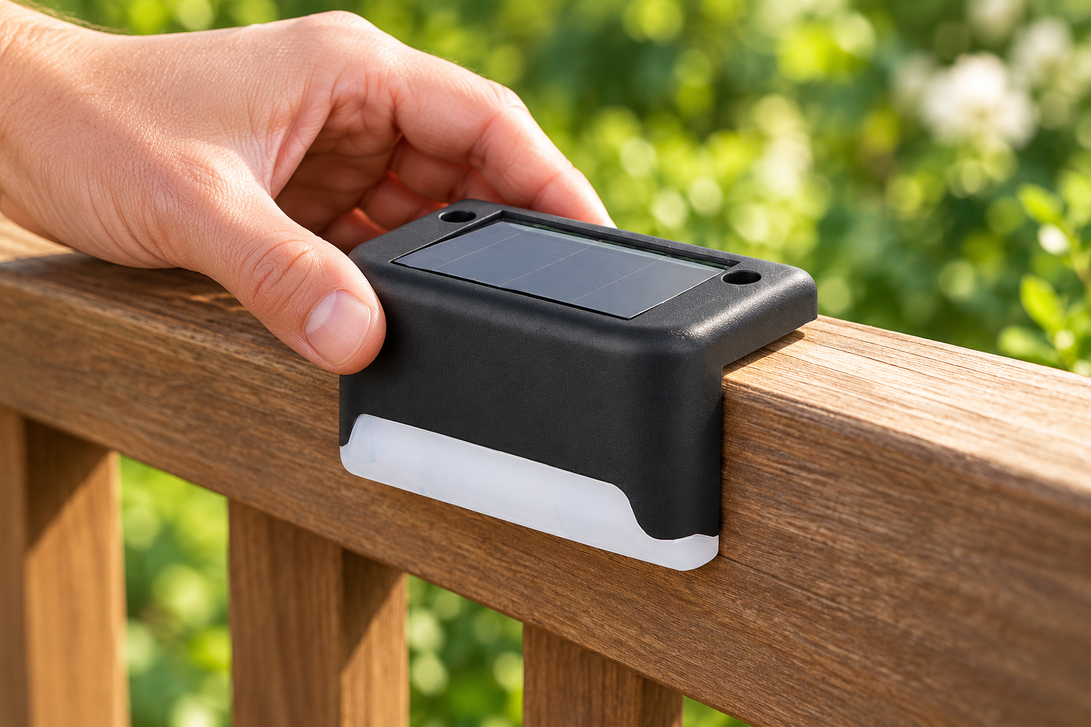 Illustrative closeup of positioning a compact solar light over a timber railing